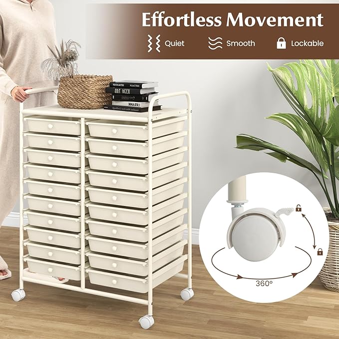 GOFLAME 20-Drawer Rolling Storage Cart, Multifunctional Art Craft Organizer, Mobile Utility Storage with Removable Drawers & Lockable Wheels, Craft Cart for Home Office, White