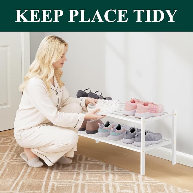 Smiry Bamboo Shoe Rack 2-Tier, Stackable Wooden Shoe Organizer for Entryway & Closet, Free Standing Wood Shoe Storage Shelf for Front Door & Small Spaces, White