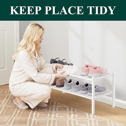 Smiry Bamboo Shoe Rack 2-Tier, Stackable Wooden Shoe Organizer for Entryway & Closet, Free Standing Wood Shoe Storage Shelf for Front Door & Small Spaces, White