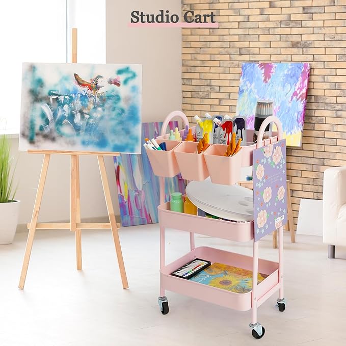 danpinera 3-Tier Rolling Cart, Utility Cart Mobile Metal Rolling Storage Cart with Lockable Wheels & Hanging Cups & Hooks for Kitchen, Bathroom, Office, Workshop, Pink