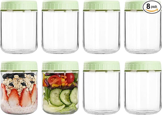 SHOWIN Overnight Oats Containers with Lids, 16oz Glass Jars with Lids 8 pcs, Light Green, Wide Mouth Mason jars for Salad, Yogurt, Snacks, Meal Prep