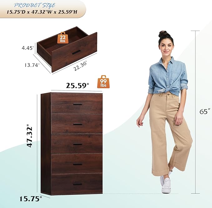 WLIVE Tall Dresser for Bedroom, Wood Chest of Drawers with Mental Handles, Brown Bedroom Dresser with 5 Drawers, Modern Minimalist Closet Store Organizer for Living Room, Hallway
