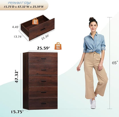WLIVE Tall Dresser for Bedroom, Wood Chest of Drawers with Mental Handles, Brown Bedroom Dresser with 5 Drawers, Modern Minimalist Closet Store Organizer for Living Room, Hallway