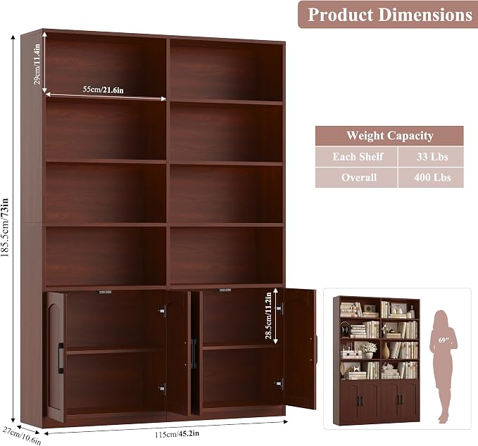 FACBOTALL Bookshelf and Bookcase with Doors, 6 Tier Double Wide Large Bookshelves, Open Display Shelves, 73'' Tall Bookshelf with Storage Cabinets for Home Office, Living Room, Library, Cherry