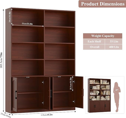 FACBOTALL Bookshelf and Bookcase with Doors, 6 Tier Double Wide Large Bookshelves, Open Display Shelves, 73'' Tall Bookshelf with Storage Cabinets for Home Office, Living Room, Library, Cherry