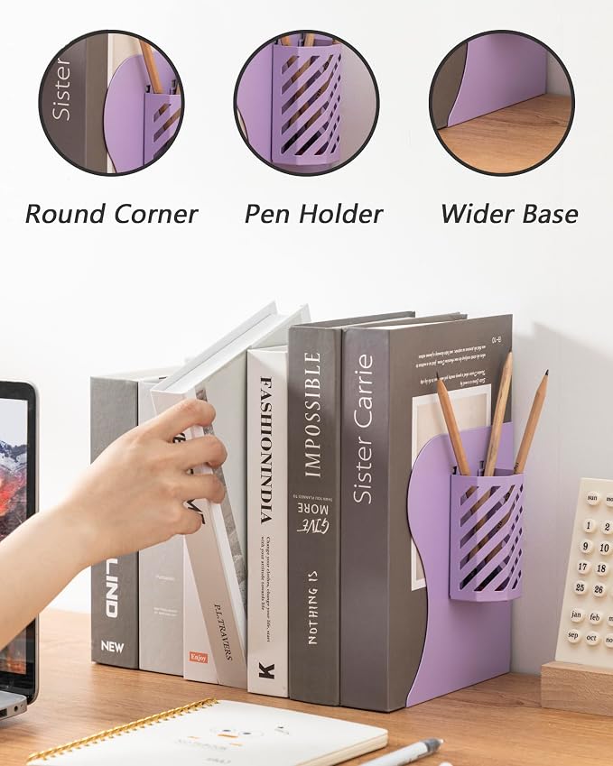Kingsmile Book Ends, Adjustable Heavy Duty Metal Book Stoppers with Pen Holder for Desk Office Library Kids Room(Purple)
