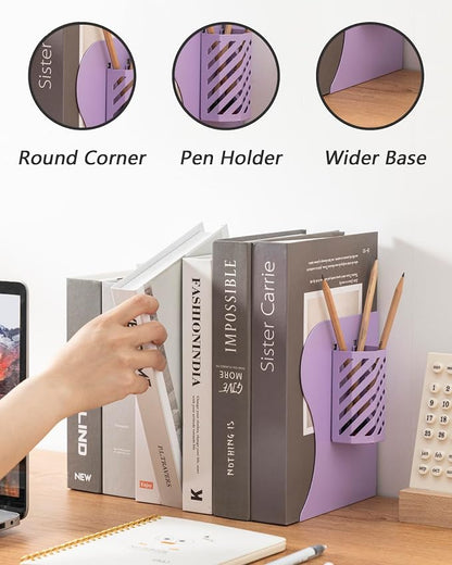 Kingsmile Book Ends, Adjustable Heavy Duty Metal Book Stoppers with Pen Holder for Desk Office Library Kids Room(Purple)