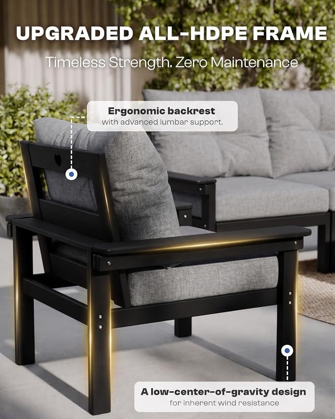 HDPE Patio Sofa Set, 3-Piece Sectional Outdoor Patio Furniture Set, All Weather Outdoor Couch Set with Grey Washable Thick Cushions for Lawn, Garden, Deck, Balcony, Porch(Black Frame)