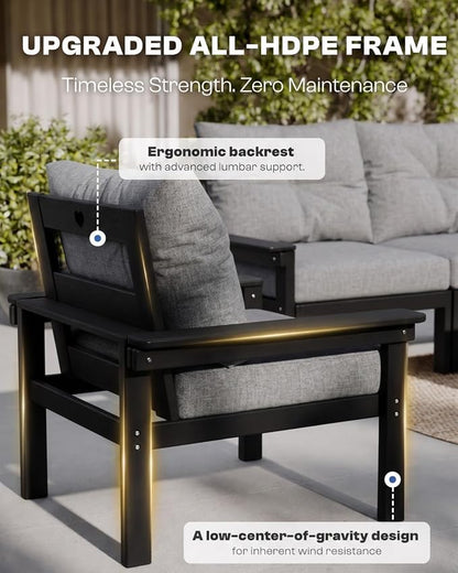 HDPE Outdoor Patio Furniture Set, 10-Piece Patio Conversation Set with 3-Seat Sofa, 4 Armchairs, 2 Side Tables & 1 Coffee Table, All-Weather Outdoor Sofa Set for Deck, Porch (Black Frame)