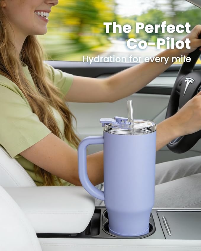 Renoj Tumbler with Handle 100% Leak Proof Insulated Water Bottle for Iced Coffee & Hot Drinks - Fits Car Cup Holder, Ideal Gift, 2 Straws & Silicone Boot BPA-Free - SnapShift Blue 32 oz