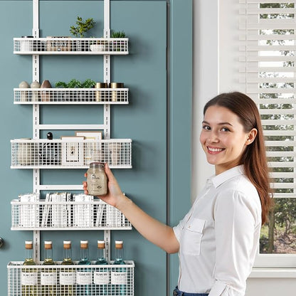 6-Tier Over The Door Pantry Organizer,Hanging Spice Rack,Grid Basket,White | Height Adjustable,Easy Grip Handle,Large Capacity,For Pantry Door,Laundry Room,Bathroom,Kitchen,D5.3xW15.7xH60.9in