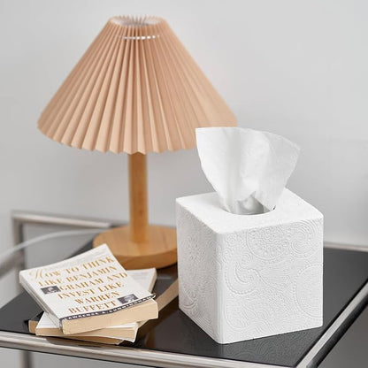 Square Tissue Box Cover Decorative,Napkin Dispenser,Facial Paper Holder for Bathroom Vanity Countertop,Bedroom Dresser,Night Stand, Desk, Office and End Table,Boho Flowers White