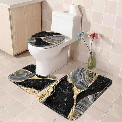 Nkzply 4 Pcs Black Marble Shower Curtain Gold Bathroom Sets with Shower Curtain and Rugs Modern Abstract Grey Shower Curtain Set Bathroom Rug Set Bathroom Decor Accessories with Hooks Toilet Lid Cover
