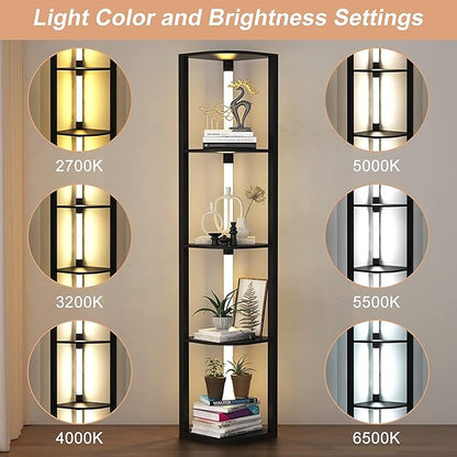 VTRIN Corner Shelf with Light, Modern Home Decor Stand Floor Lamps with Storage Shelves for Collectibles, Sturdy 5-Tier Corner Bookshelf Cabinet Display Shelf for Living Room Bedroom Small Space