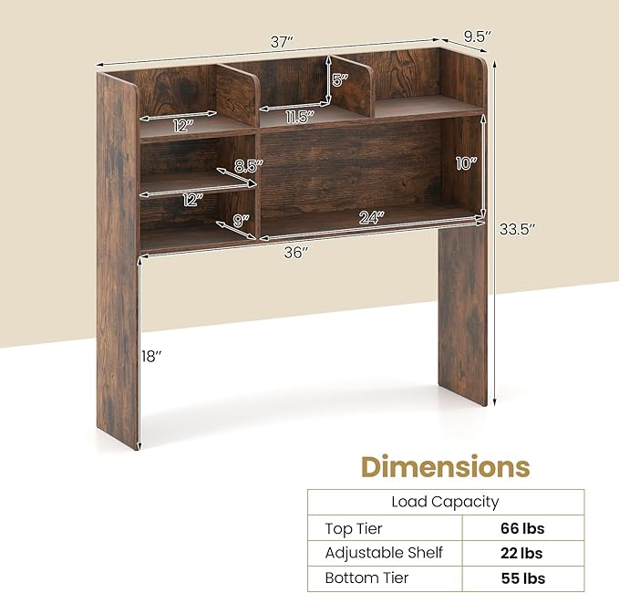Desk Hutch, Desktop Shelf with 6 Shelves, Desk Bookshelf w/Anti-Toppling Devices, Wood Table Top Bookshelf Organizer, Small Desk Shelf for Study, Office, Dorm (Rustic Brown, 6 Shelves)