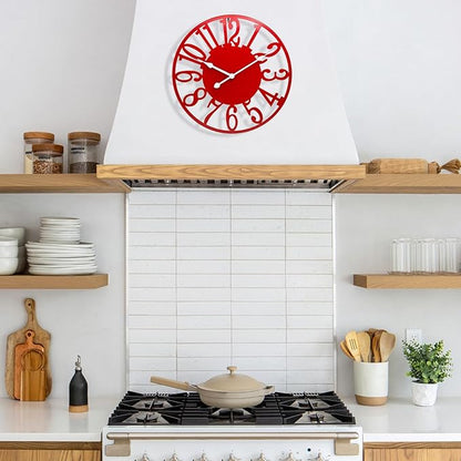 SUKYING 16 Inch Large Wall Clock, Silent Battery Operated Modern Wall Clock, Modern Red Metal Decorative Clock for Patio, Porch, Pool Area, Farmhouse, Living Room