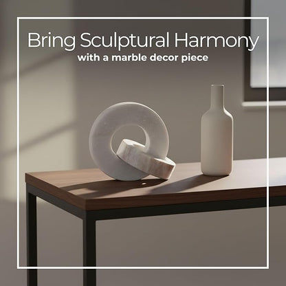 Home Decor and Bathroom Decor Marble Double Ring - Modern Shelf Sculpture and Office Accents for Room Styling - Coffee Table Ornaments and Living Room Decor Statues Design - 6", White & Beige