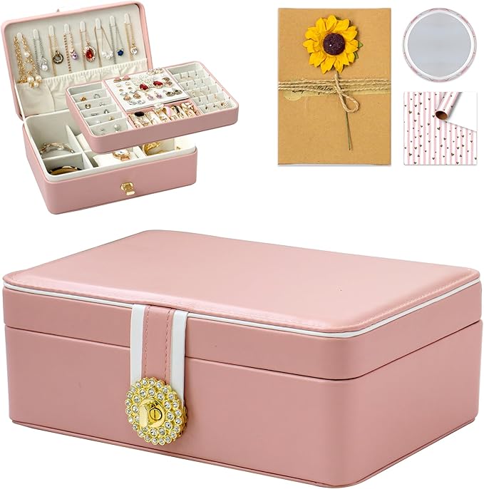 Earring Organizer for Women, 2 Layer Large Jewelry Box with Mirror, Handmade Gift Card and Wrapping Paper, PU Leather Jewellery Holder with Removable Tray for Birthday Wedding Gift,Pink