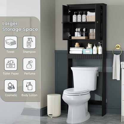 Over The Toilet Storage Cabinet, Over The Toilet Storage with Fluted Door Over The Toilet Cabinet with Adjustable Shelf Above The Toilet Storage Cabinet for Bathroom Organizer, Black