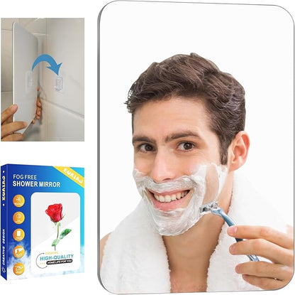 Fogless Shower Mirror, Large(10.2x7.8in) & Includes 2 Adhesive Hooks, Easy Install & Unbreakable & Super Thick, Fog Free (No Fog) Shower Mirror for Shaving