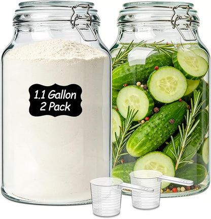 ComSaf 2 Pack 1 Gallon Glass Jars with Lids, Glass Flour Sugar Storage Containers for Pantry & Kitchen Organization, Extra Large Mason Jars with airtight lid, Coms with Labels & Massuring Cups.