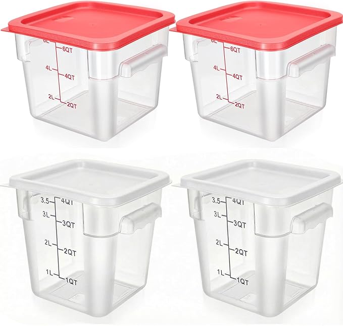 Lallisa 4 Pcs 8 Qt and 4 Qt Clear Food Storage Containers with Lids, Handles and Scales, Commercial Grade Square Containers Polycarbonate Air Tight for Home Storage Kitchen Restaurant(White, Red)