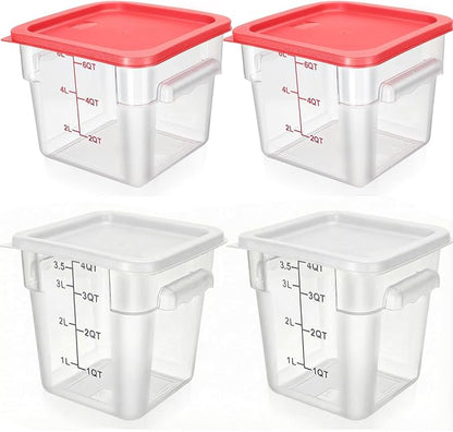 Lallisa 4 Pcs 8 Qt and 4 Qt Clear Food Storage Containers with Lids, Handles and Scales, Commercial Grade Square Containers Polycarbonate Air Tight for Home Storage Kitchen Restaurant(White, Red)