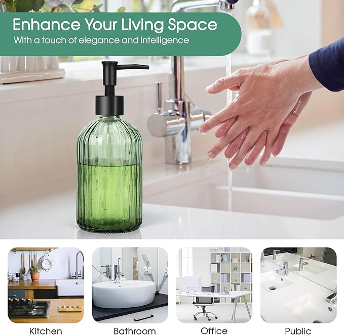Topsky Glass Soap Dispenser with Black Plastic Pump, 400ml Liquid Hand Soap Dispenser, Rustproof Pump for Kitchen & Bathroom, Great for Lotions, Essential Oil, Liquid Soaps (Army Green)