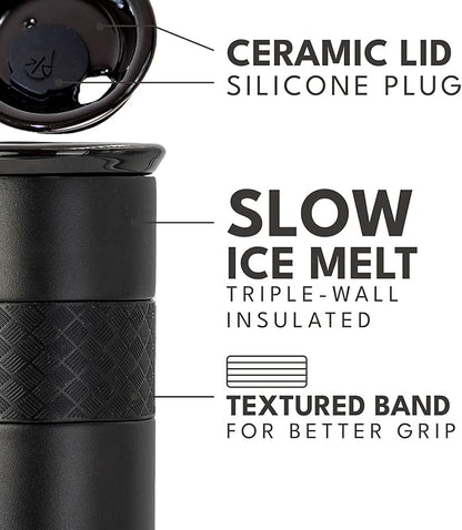 Elemental Artisan Inner Ceramic Coating Tumbler, Triple Wall Coffee Travel Mug, Reusable Stainless Steel Coffee Tumbler with Ceramic Lid for Hot (6 Hrs) & Cold (18 Hrs), 16oz - Black
