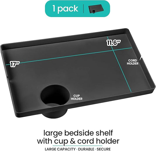 Modern Innovations Large Black Bedside Shelf for Bed, 1 Count Clip On Nightstand with Cup Holder and Cord Holder, College Dorm Bunk Bed Shelf for Top Bunk or Kids Bedroom