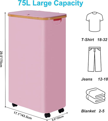 efluky Slim Laundry Basket with Wheels, Narrow Rolling Laundry Hamper with Lid and Removable Bag, Tall Aesthetic Dirty Clothes Hamper on Wheels for Laundry Room, Bedroom, Dorm and Bathroom, 75L Pink