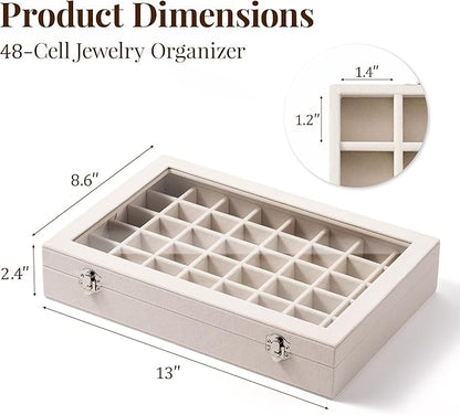 48 Grid Earring Organizer and Storage: Velvet Jewelry Tray with Lid, Jewelry Box for Studs, Earrings, Rings, Necklaces, Dresser & Vanity, Earrings Case for Girls, Women, 13"x8.6"x2.4", Beige