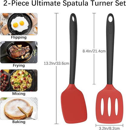 Coukre 2 Pack Silicone Spatula Set, High Heat Resistant, BPA Free Kitchen Spatula, Solid & Slotted Turner for Non-Stick Pans, Sautéing, and Flipping (2, Red)