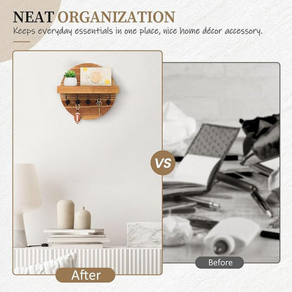 Nekon Key Holder Wall Mount, Key and Mail Organizer for Wall, 9.8 Inch Round Wooden Rustic Wall Organizer for Entryway, Hallway, Kitchen, Office (Light Brown)