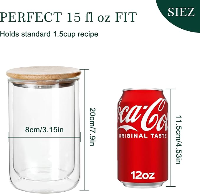 LIBWYS 4 Pack Overnight Oats Containers with Bamboo & Stainless Steel Lids, 15oz Meal Prep Jars - Double Walled High Borosilicate Glass jars for Overnight Oats, Chia Pudding， Salad