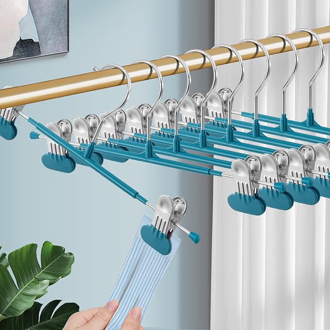 14Inch Clothes Pants Hangers with Wide Clips 20 Pack,Non-Slip Adjustable Skirt Hanger for Women,Space-Saving Heavy Duty Men Hangers for Pants,Trousers,Jeans,Shorts,Blue