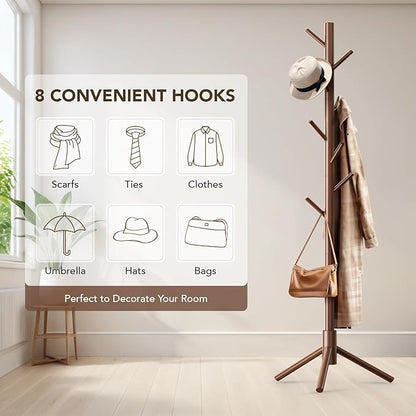 Hupmad Wooden Tree Coat Rack Stand,Sturdy Freestanding Coat Rack with 8 Hooks,3 Adjustable Height for Child Adult,Wood Coat Stand Tree Fits Entryway Bedroom Office for Bags,Hats, 2 Pack