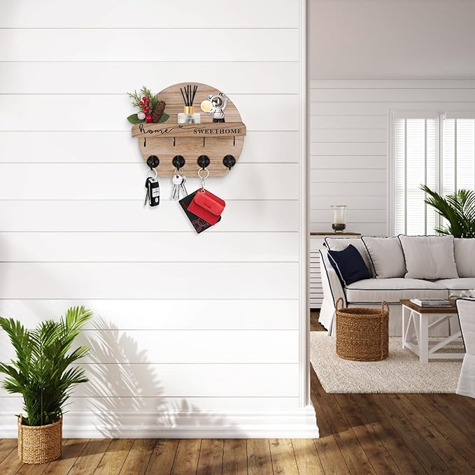 Key Holder for Wall, Key and Mail Holder Organizer - Key Holder Wall Mount with Bouquet Shelf and Key Hooks, Round Wooden Rustic Key Rack for Entryway and Home Decor (Wood)