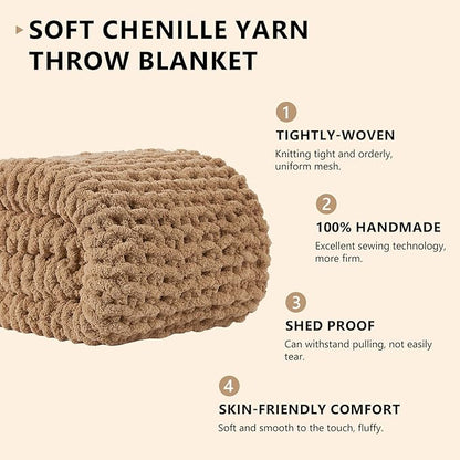 L'AGRATY Chunky Knit Blanket Throw: 60''x80'' Chenille Chunky Knitted Throw Blanket for Bed Couch - Handmade Thick Big Cable Knit Blanket - Large Crochet Rope Blankets for Home Decor(Tan)