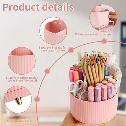 Camelmother Pen Holder For Desk With 5 Slots 360°Rotating Pencil Holder Makeup Organiezr Teacher Supplies Office decor (pink)