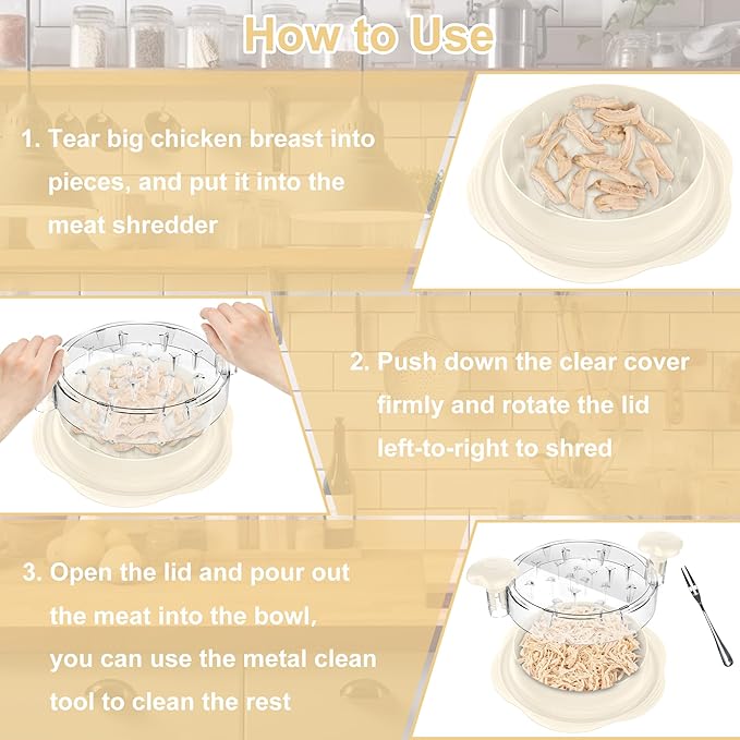 Chicken Shredder Tool Twist Large Chicken Breast Shredder with Brush&Fork, Visible Meat Shredder Machine, Strong Anti-Slip Strip, Ergonomic Handle, BPA Free, Suitable for Pork Beef Chicken (White)