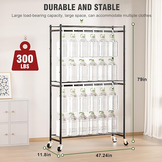 Rolling Clothes Rack for Hanging Clothes, 47.2"x 11.8"x 79" Large Capacity Garment Rack with Double Rods & 3 Wire Shelves, Portable Closet with Wheels for Bedroom, Laundry, Balcony (Black)