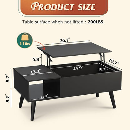 WLIVE Coffee Table for Living Room, Lift Top Coffee Table with Storage, Small Rising Wooden Dining Center Table with Storage Shelf & Hidden Compartment, 39" Black