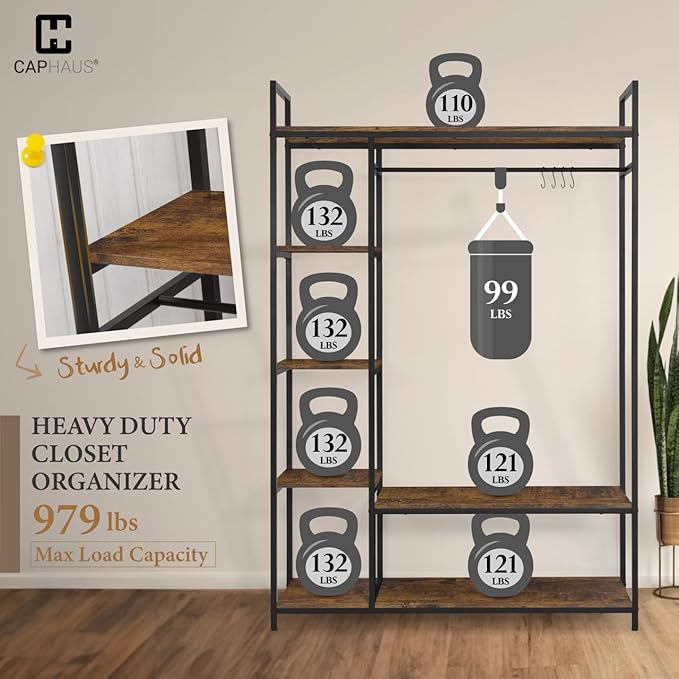 CAPHAUS 979lbs Capacity Garment Rack for Hanging Clothes, Heavy Duty Open Wardrobe w/Hanging Rods & Fabric Drawers, Free Standing Closet Organizer, Metal Closet Rack w/Rustic Oak Wooden Shelves