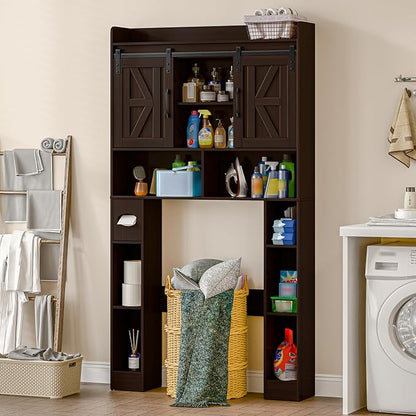 Over The Toilet Storage Cabinet, Farmhouse Toilet Cabinet Rack with Barn Doors, Space Saving Bathroom Organizer with Shelves, Toilet Paper Holder and Towel Rack for Bathroom,Restroom,Laundry,Walnut