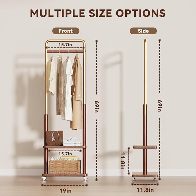 Clothes Rack Solid Wood Coat Rack,With Double Shelf Metal & Wood Clothing Rack Freestanding with Wheels for Hanging Clothes Garment, Entryway Bedroom Storage