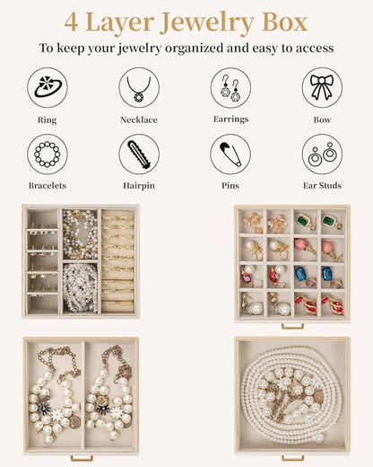 TORIBIO Jewelry Box for Women, Leather Jewelry Organizer with Mirror & Lock, 4-Tier Jewelry Storage Organizer with 3 Drawers for Girls/Women/Mothers, Necklace Earring Bracelets Holder Organizer
