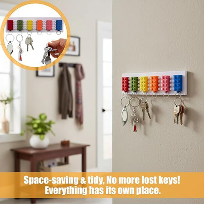 Key Holder for Wall, Building Block Key Rack, Includes 6 Building Block Keychains, Easy Installation Key Rack, Fun and Colorful Building Blocks Key Organizer Rack, for Entryway and Home Decor