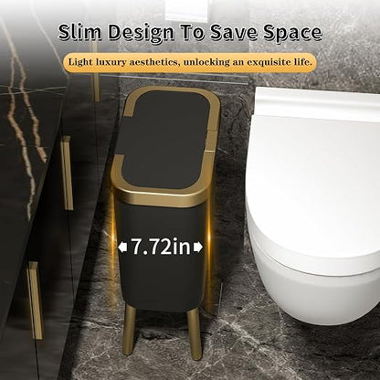 Procade Office Trash Can with Lid, Black Bathroom Trash Can with Gold Edge, Modern Narrow Garbage Can with Legs, Slim Plastic Trash Bin for Bedroom, Living Room,Kitchen,Toilet, 4 Gallon