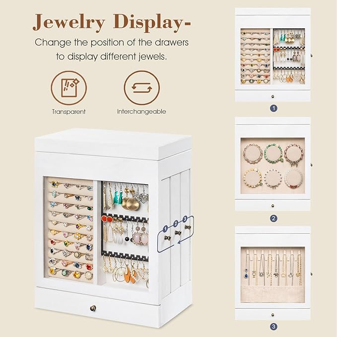 Honiway Jewelry Box for Women, 5 Layer Rustic Wooden Jewelry Organizer with Glass Window, 4 Drawers, Mirror, Large Jewelry Storage Display for Earrings Rings Necklaces Bracelets (Weathered White)
